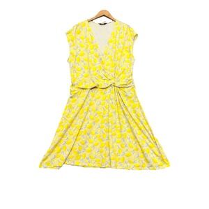 Lands' End Dress Womens 1X White Lemon Print V-Neck Twist A-Line‎ Artsy Resort